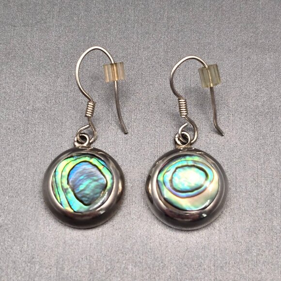 VTG 925 Sterling Silver & Abalone Shell Disc Dangle Earrings 1.25" Flush Setting - Picture 1 of 8